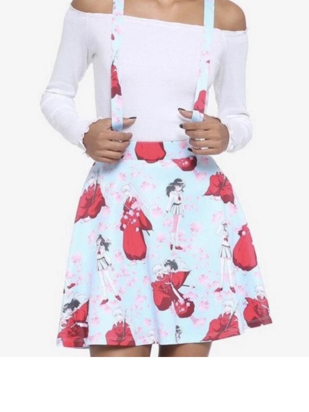 Hot Topic Light Blue Skirt with Pink Cherry Blossoms and Red Graphic